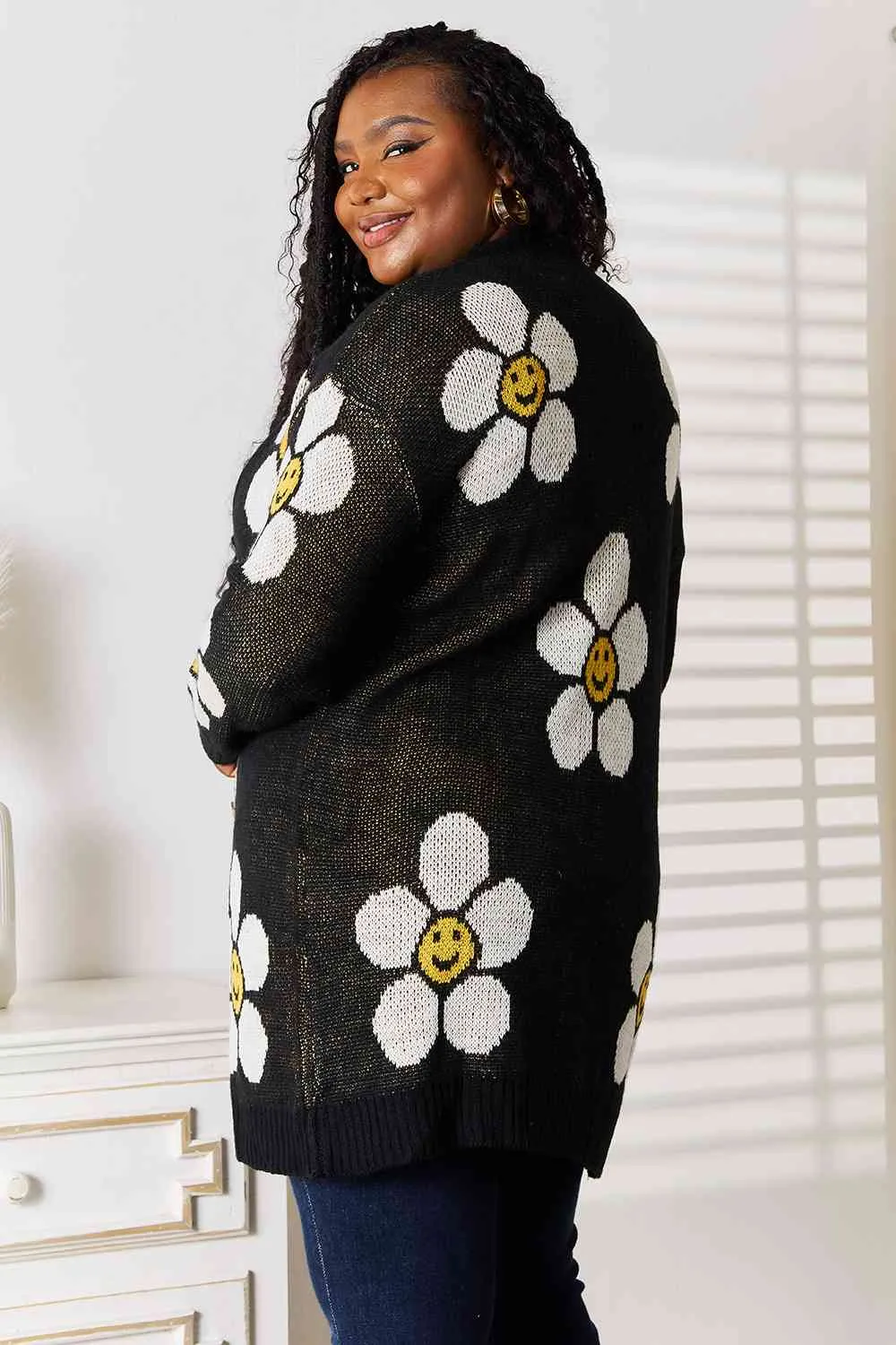 Smiley Face Flower Button Down Longline Cardigan