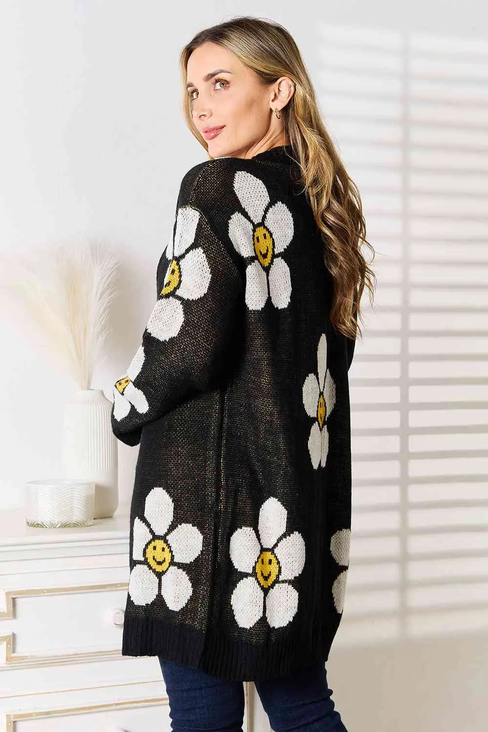 Smiley Face Flower Button Down Longline Cardigan