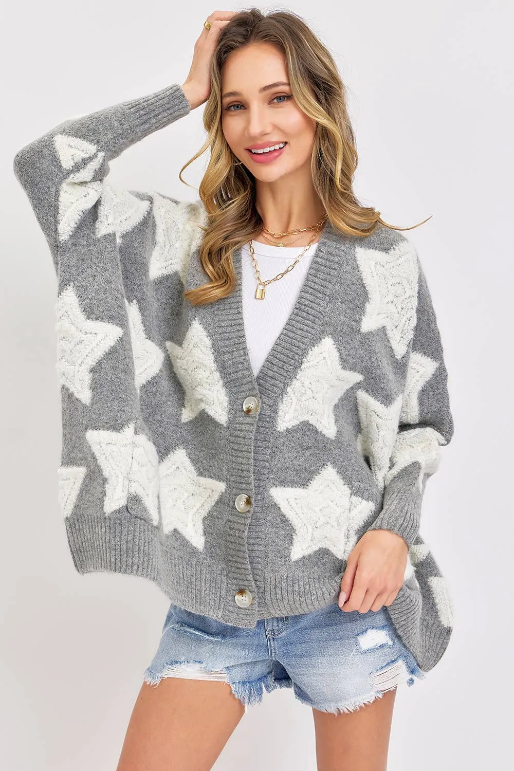 SOFT CHUNKY KNIT STAR SWEATER CARDIGAN