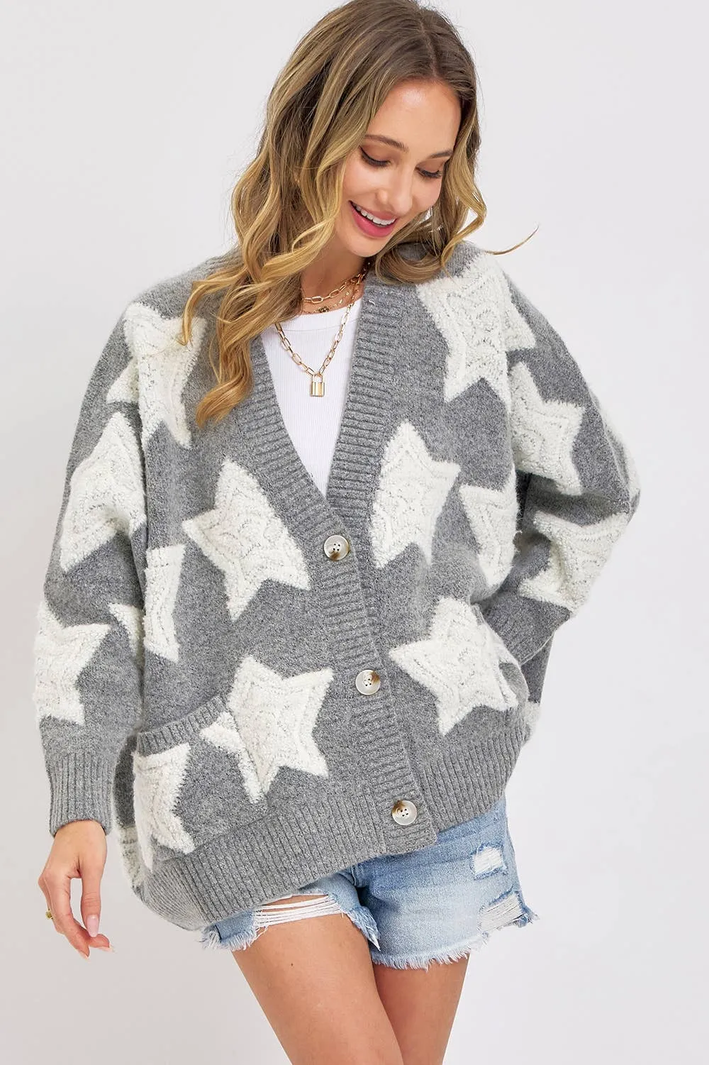 SOFT CHUNKY KNIT STAR SWEATER CARDIGAN