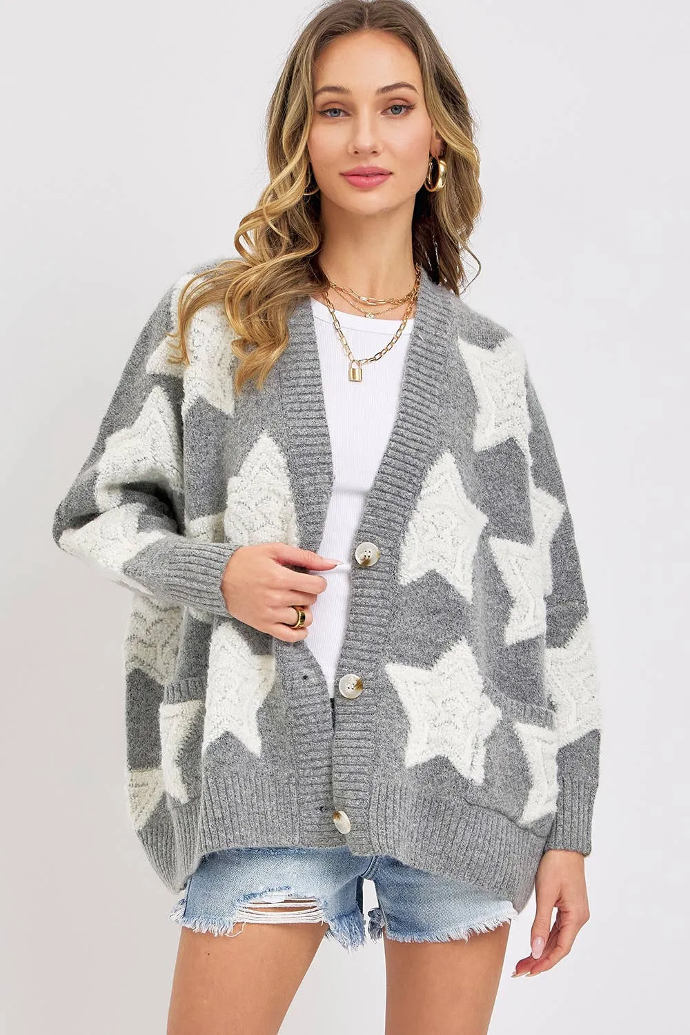 SOFT CHUNKY KNIT STAR SWEATER CARDIGAN