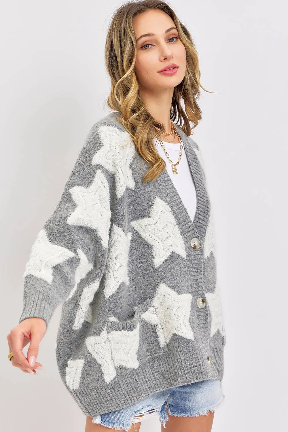 SOFT CHUNKY KNIT STAR SWEATER CARDIGAN