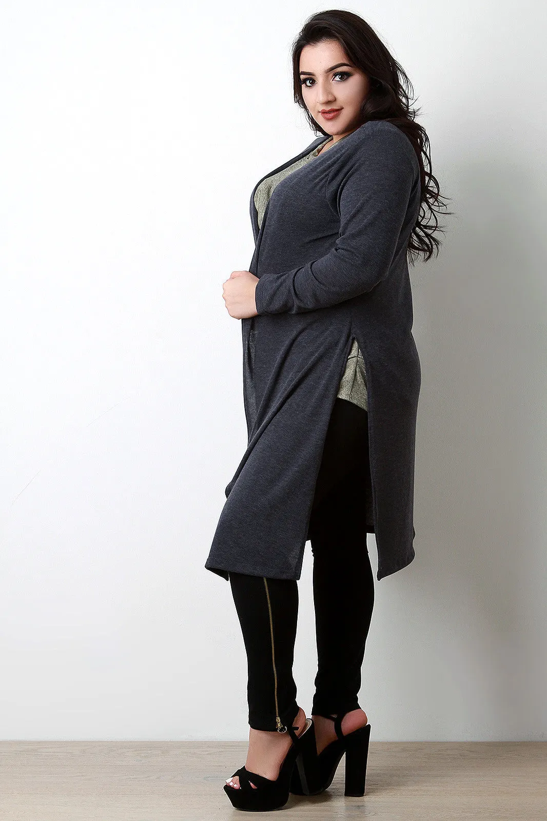 Soft Knit Side Slits Open Front Longline Cardigan