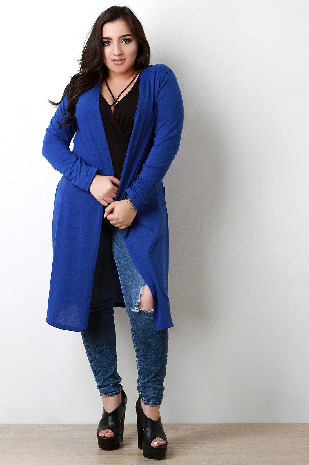 Soft Knit Side Slits Open Front Longline Cardigan