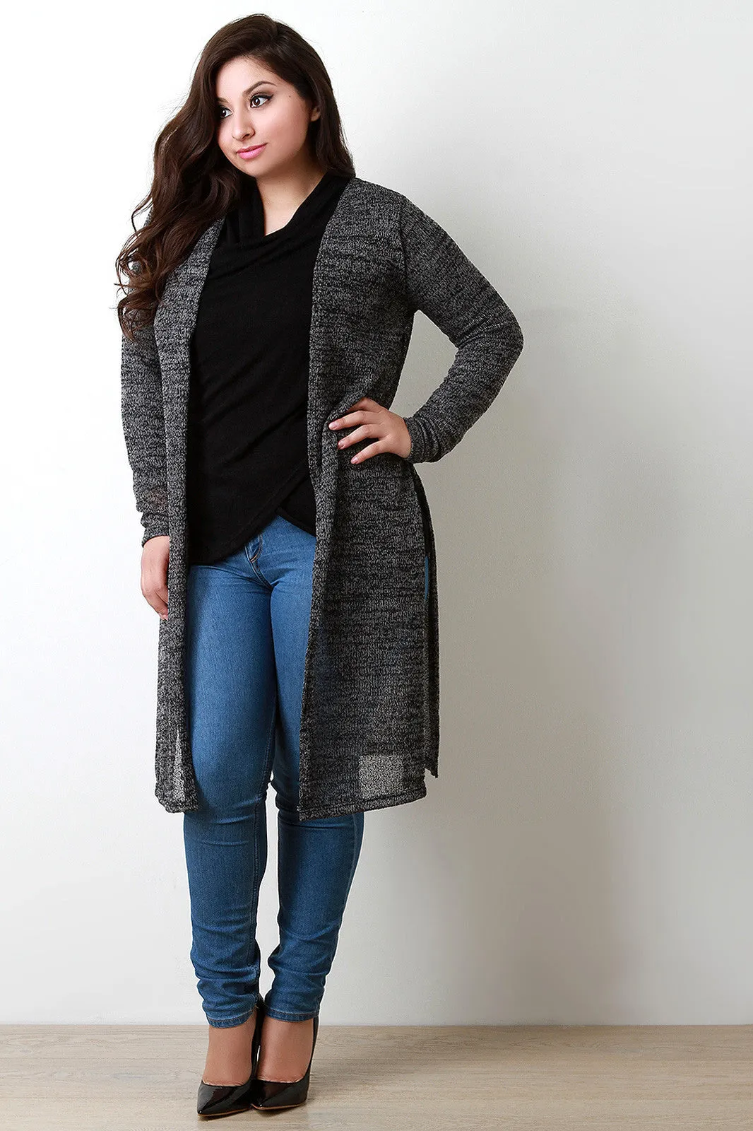 Soft Knit Side Slits Open Front Longline Cardigan