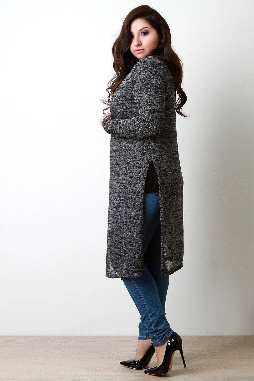 Soft Knit Side Slits Open Front Longline Cardigan