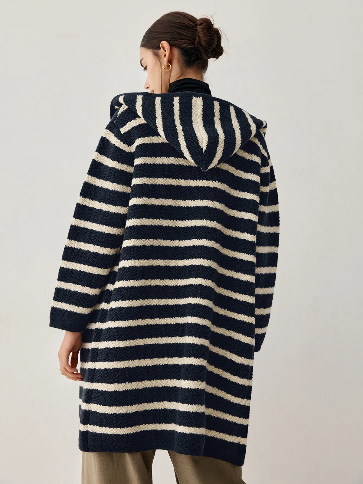 Stripe Hooded Graceful Longline Cardigan