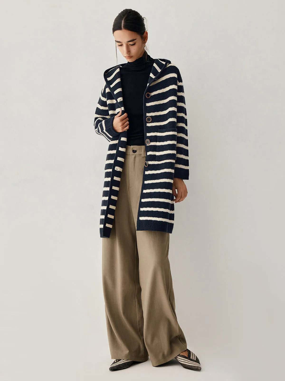 Stripe Hooded Graceful Longline Cardigan