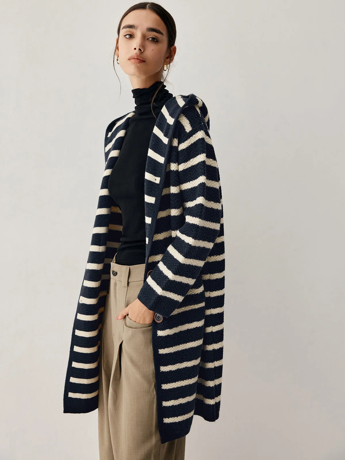 Stripe Hooded Graceful Longline Cardigan