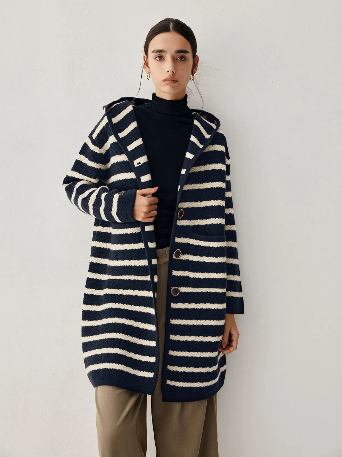 Stripe Hooded Graceful Longline Cardigan