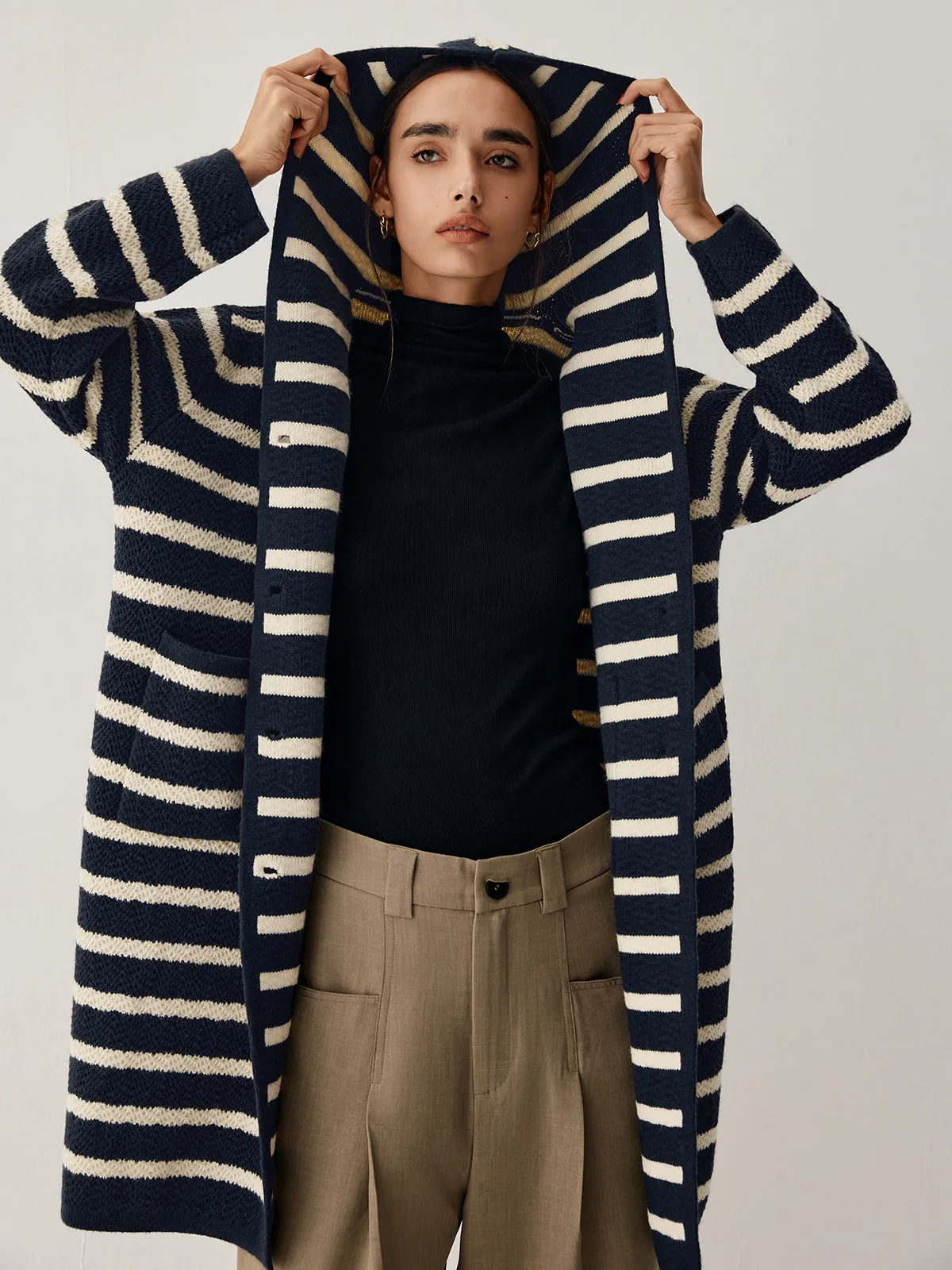 Stripe Hooded Graceful Longline Cardigan