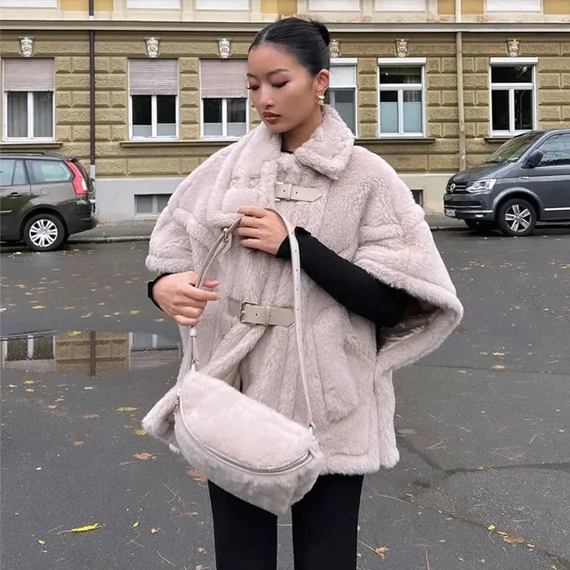 TAVIMART  -  Elegant Faux Fur Solid Shawl Women Coat Leather Buckle Lapel Loose Female Jacket Autumn Winter Thick Warm Cape Lady Outwear