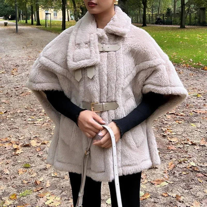 TAVIMART  -  Elegant Faux Fur Solid Shawl Women Coat Leather Buckle Lapel Loose Female Jacket Autumn Winter Thick Warm Cape Lady Outwear