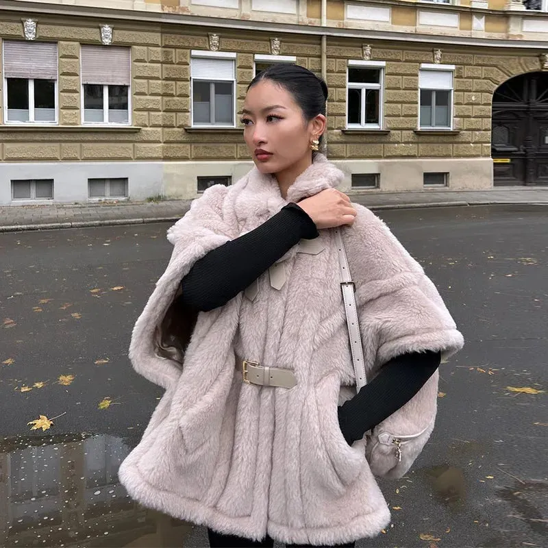 TAVIMART  -  Elegant Faux Fur Solid Shawl Women Coat Leather Buckle Lapel Loose Female Jacket Autumn Winter Thick Warm Cape Lady Outwear