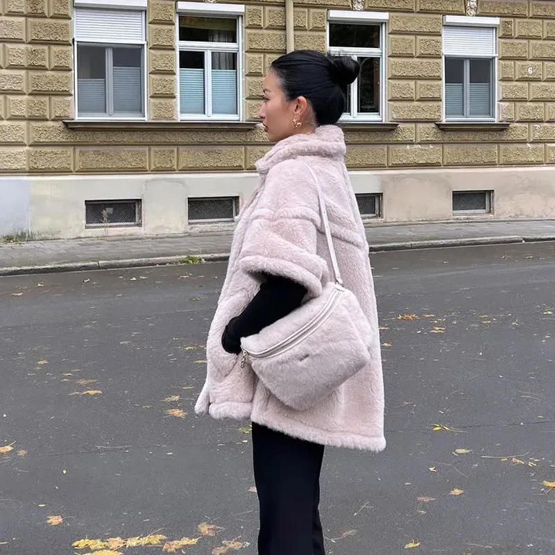 TAVIMART  -  Elegant Faux Fur Solid Shawl Women Coat Leather Buckle Lapel Loose Female Jacket Autumn Winter Thick Warm Cape Lady Outwear