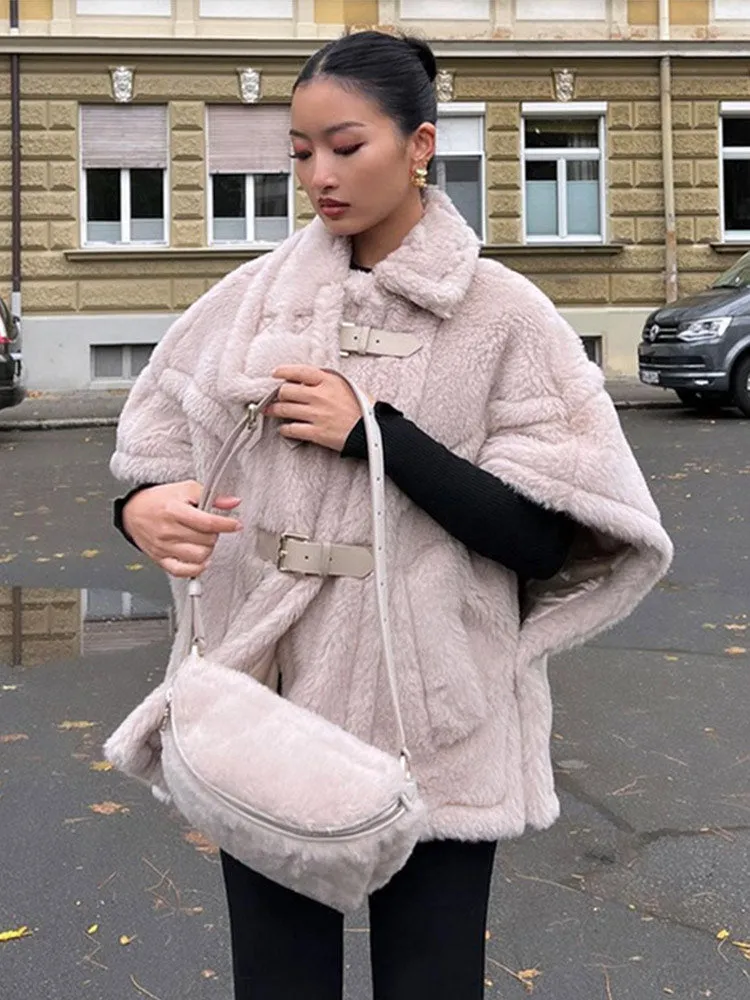 thanksgiving outfit Joskaa Elegant Faux Fur Shawl Women Coat Solid Lapel Leather Buckle Loose Cape Jacket Female 2024 Autumn Winter Thick Warm Outwear Lady