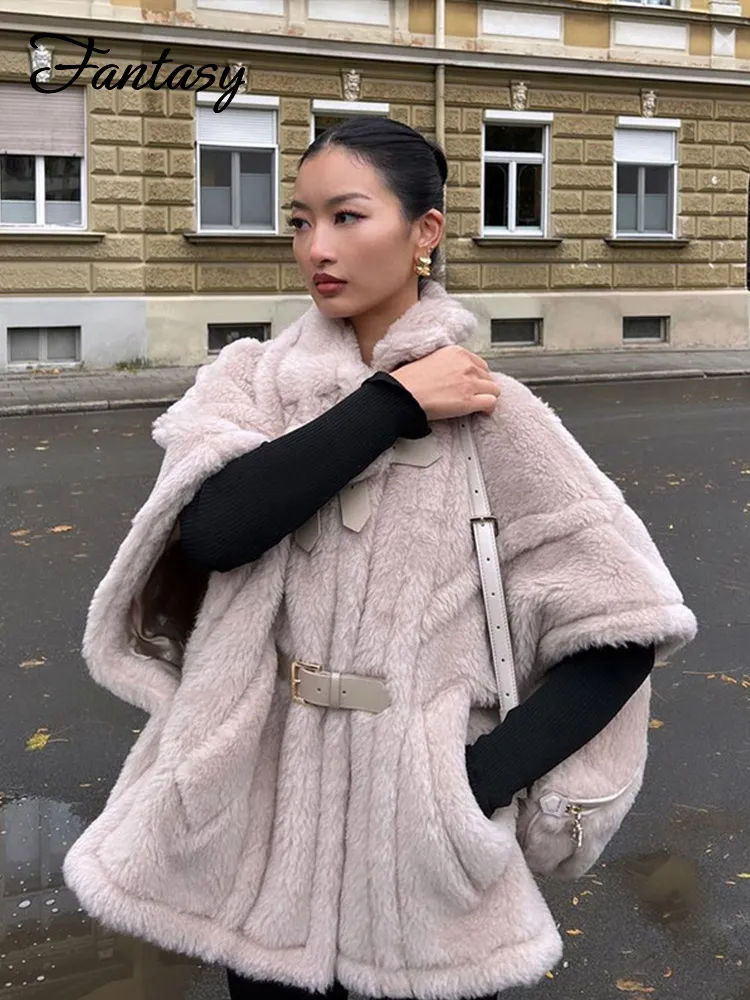 thanksgiving outfit Joskaa Elegant Faux Fur Shawl Women Coat Solid Lapel Leather Buckle Loose Cape Jacket Female 2024 Autumn Winter Thick Warm Outwear Lady