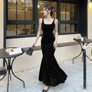 Trend4us Velvet Sling Backless Evening Gown