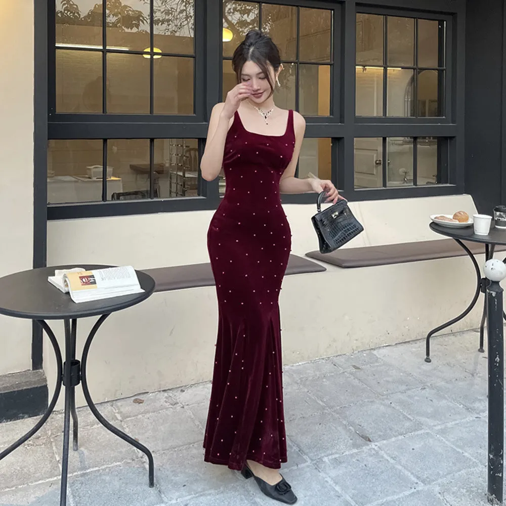 Trend4us Velvet Sling Backless Evening Gown