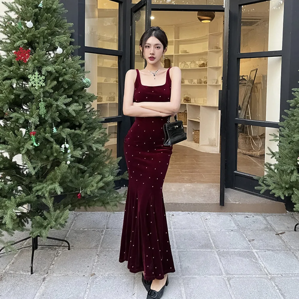 Trend4us Velvet Sling Backless Evening Gown