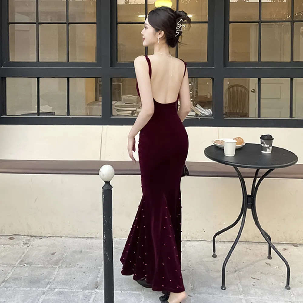 Trend4us Velvet Sling Backless Evening Gown