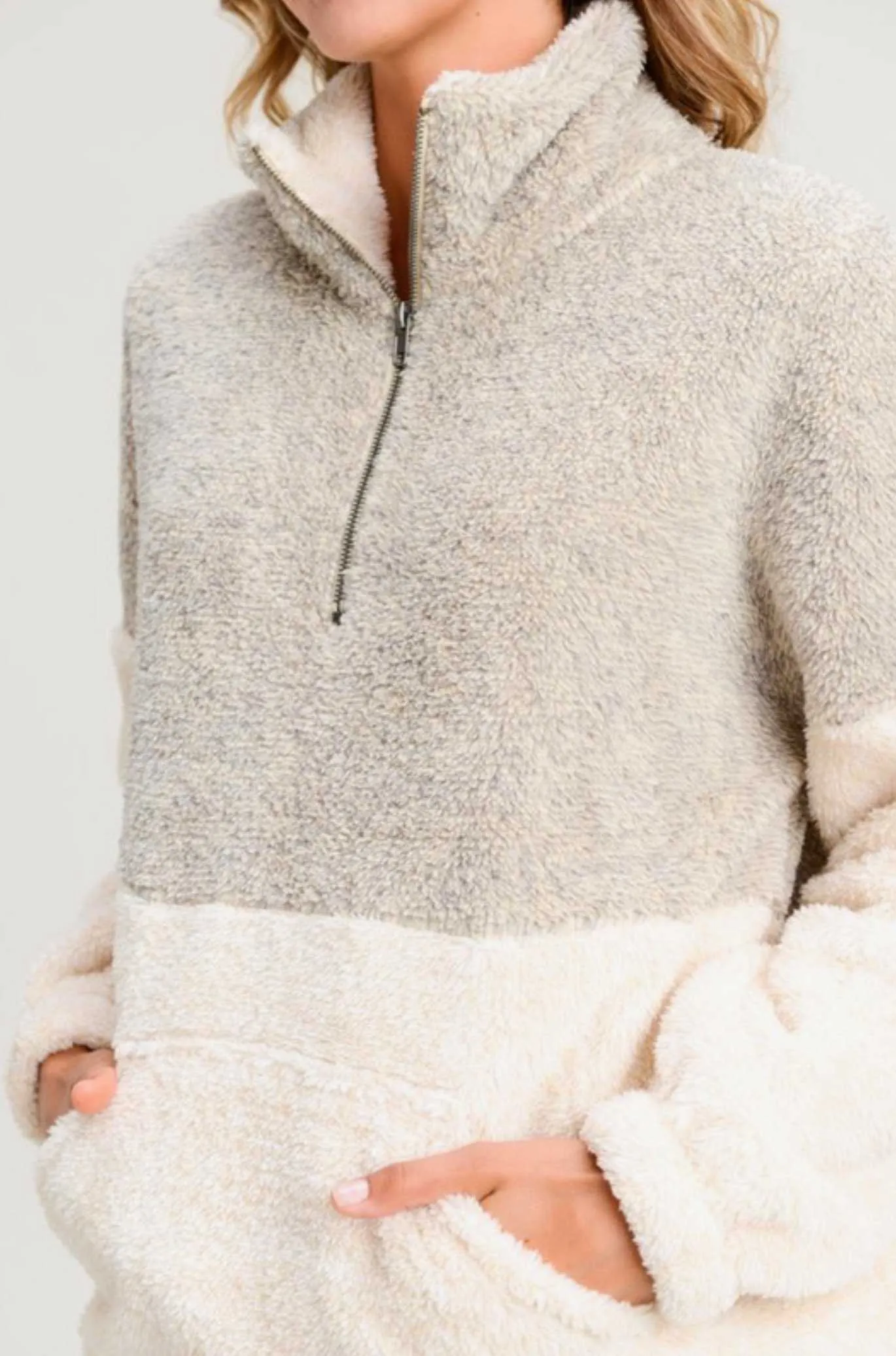 Two Toned Fuzzy Sherpa Fleece Pullover