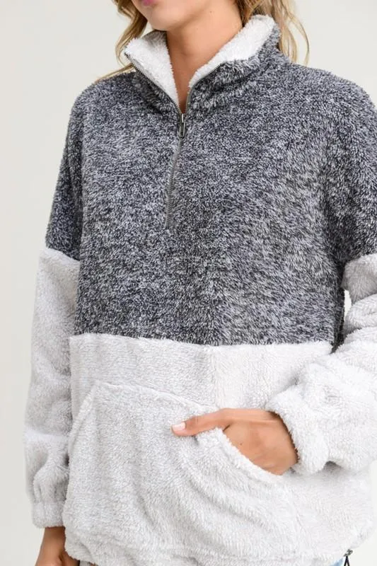 Two Toned Fuzzy Sherpa Fleece Pullover