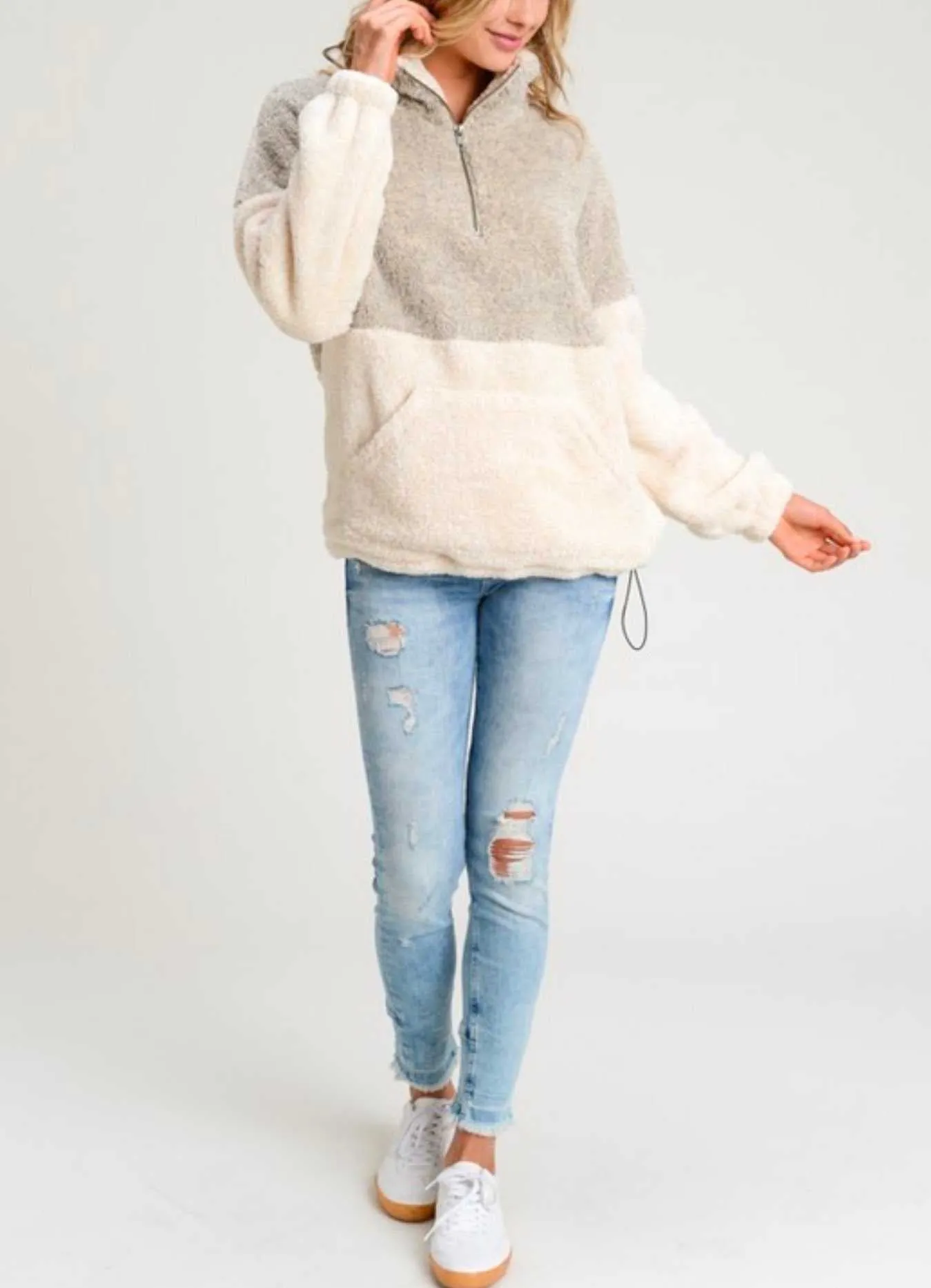 Two Toned Fuzzy Sherpa Fleece Pullover