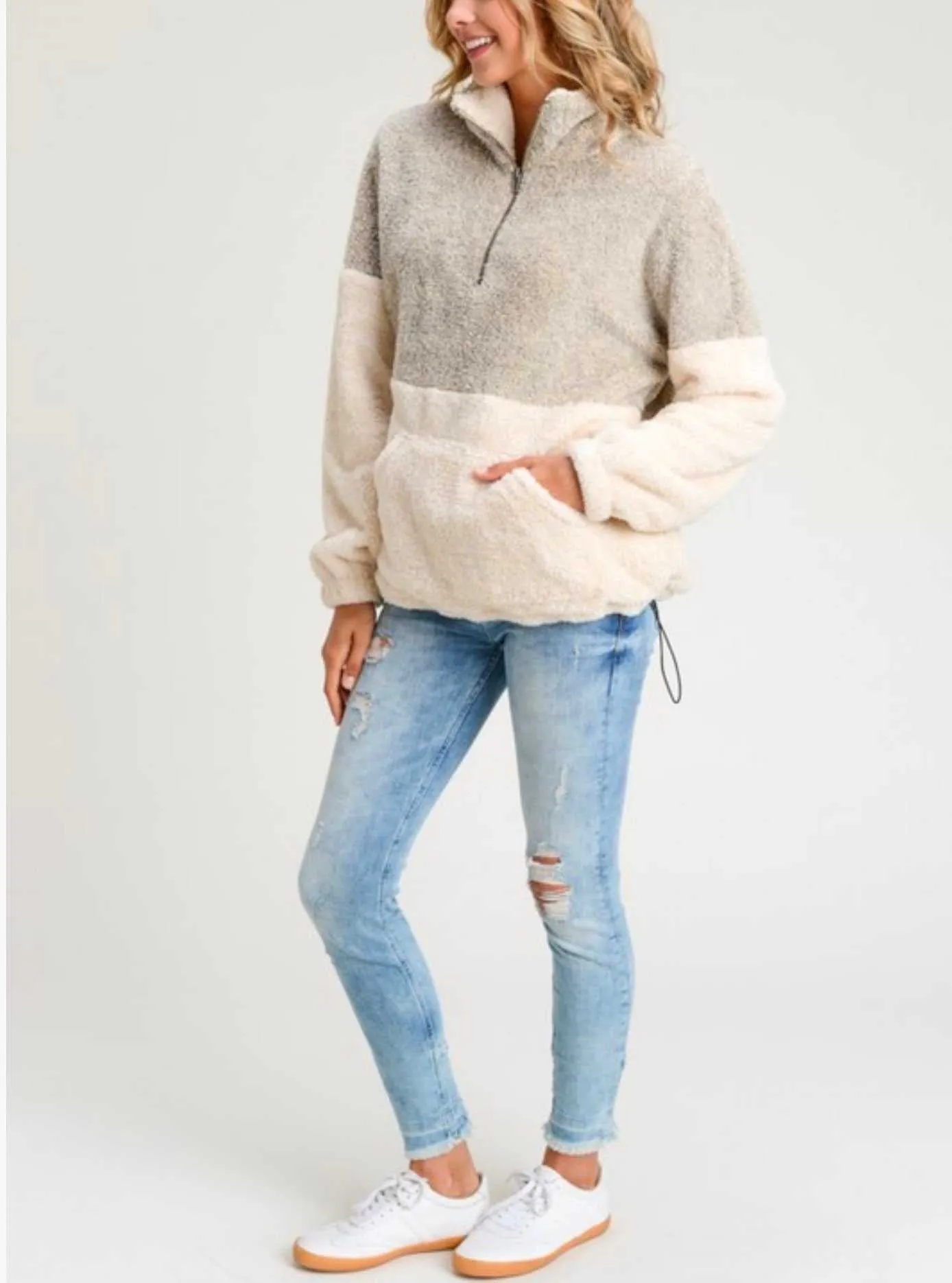 Two Toned Fuzzy Sherpa Fleece Pullover