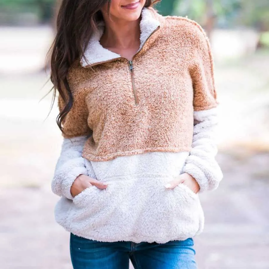 Two Toned Fuzzy Sherpa Fleece Pullover