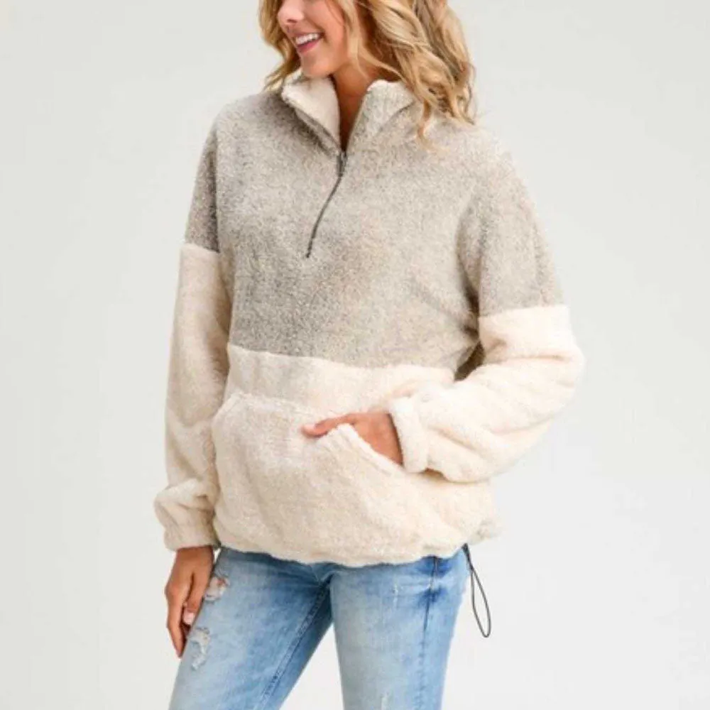 Two Toned Fuzzy Sherpa Fleece Pullover