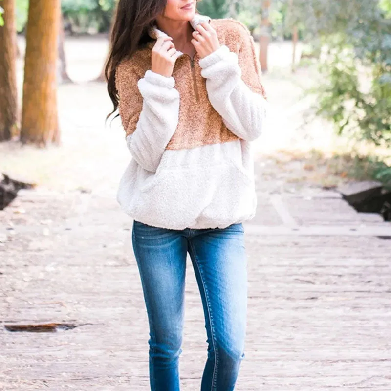 Two Toned Fuzzy Sherpa Fleece Pullover