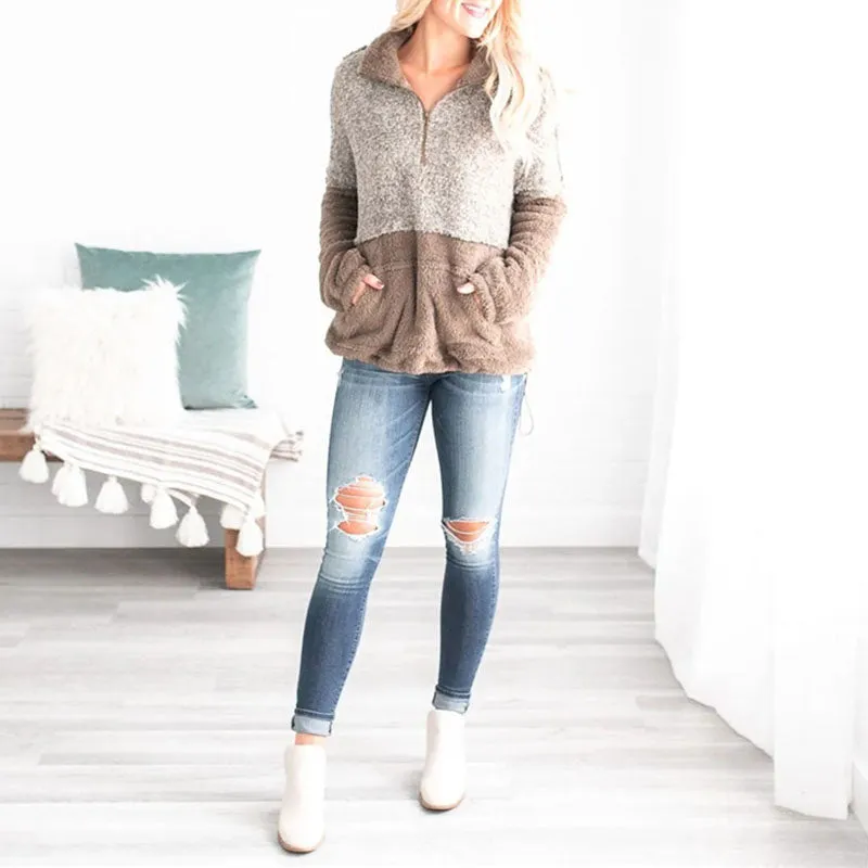 Two Toned Fuzzy Sherpa Fleece Pullover