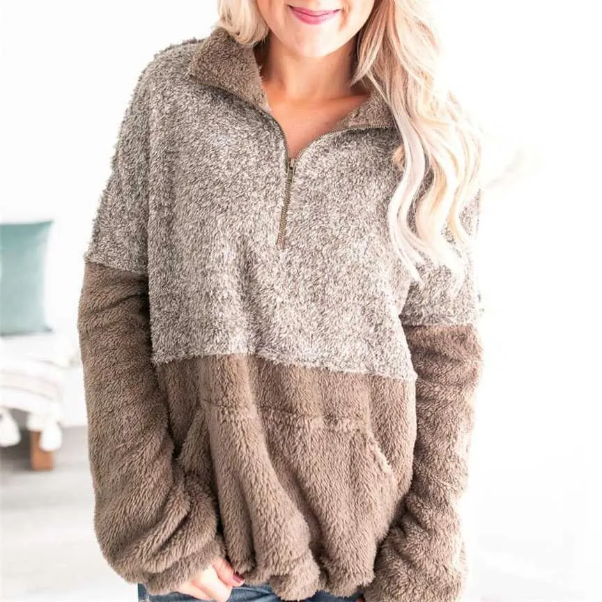 Two Toned Fuzzy Sherpa Fleece Pullover