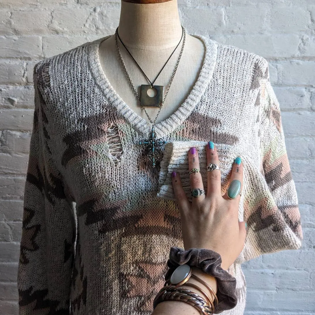 Vintage Chunky Knit Western Minimalist Sweater Distressed Boho Native Chic Top