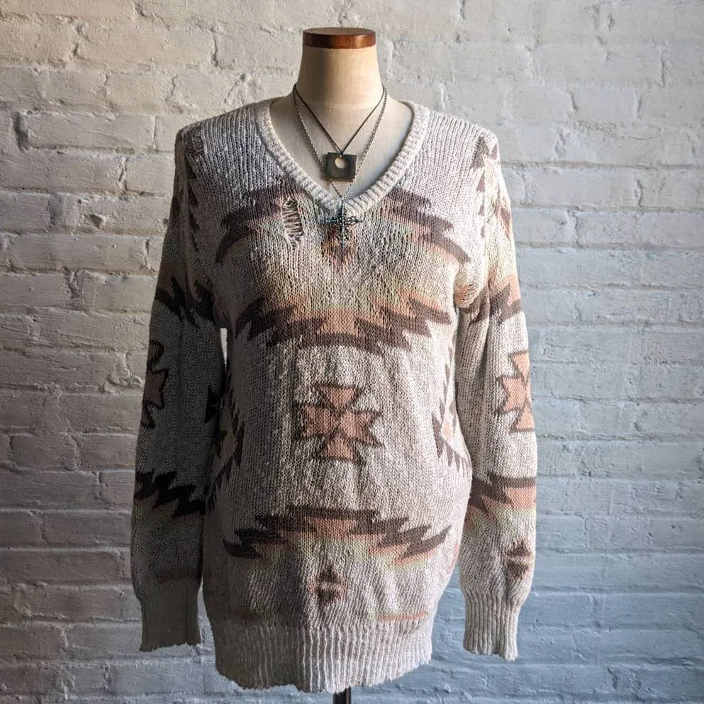 Vintage Chunky Knit Western Minimalist Sweater Distressed Boho Native Chic Top