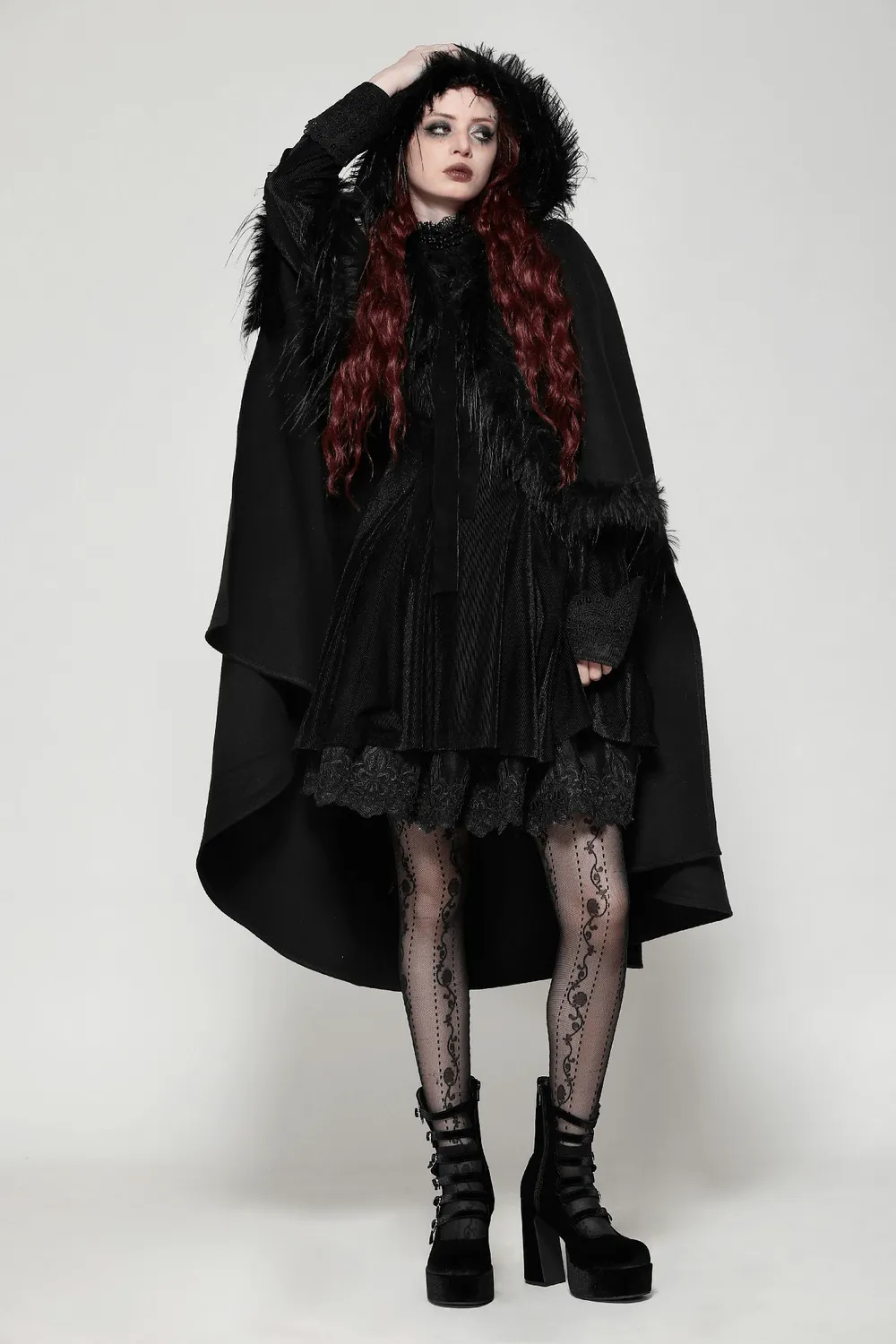 Warm Hooded Cape with Faux Fur Trim and Gothic Flair