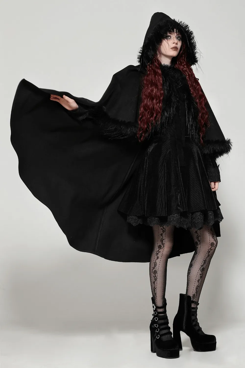 Warm Hooded Cape with Faux Fur Trim and Gothic Flair