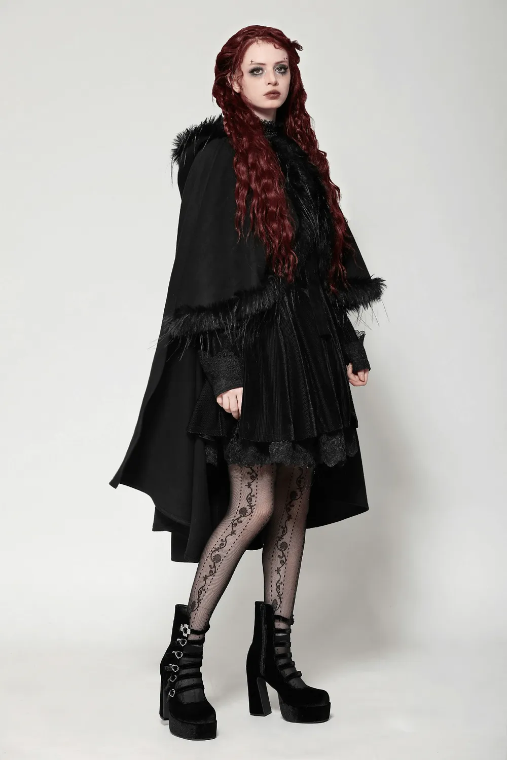 Warm Hooded Cape with Faux Fur Trim and Gothic Flair