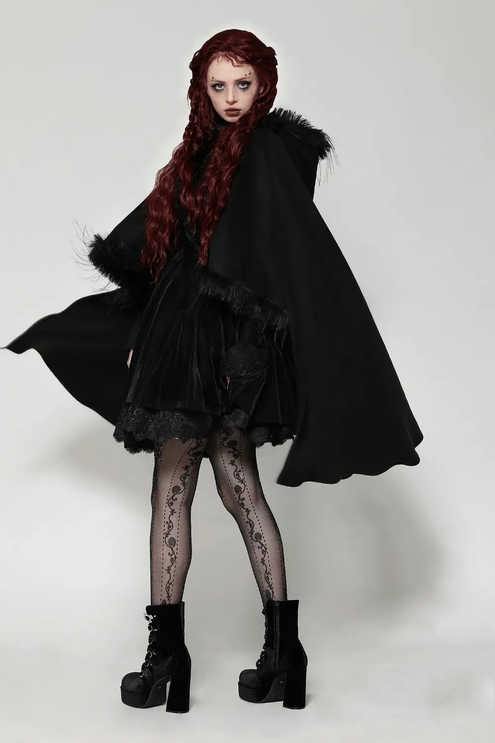 Warm Hooded Cape with Faux Fur Trim and Gothic Flair