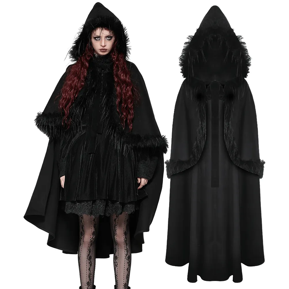 Warm Hooded Cape with Faux Fur Trim and Gothic Flair