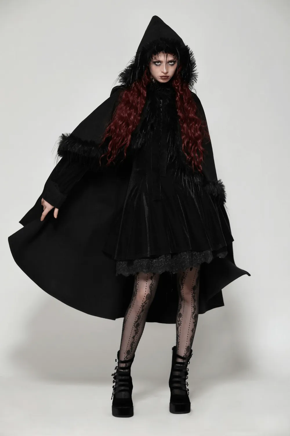 Warm Hooded Cape with Faux Fur Trim and Gothic Flair