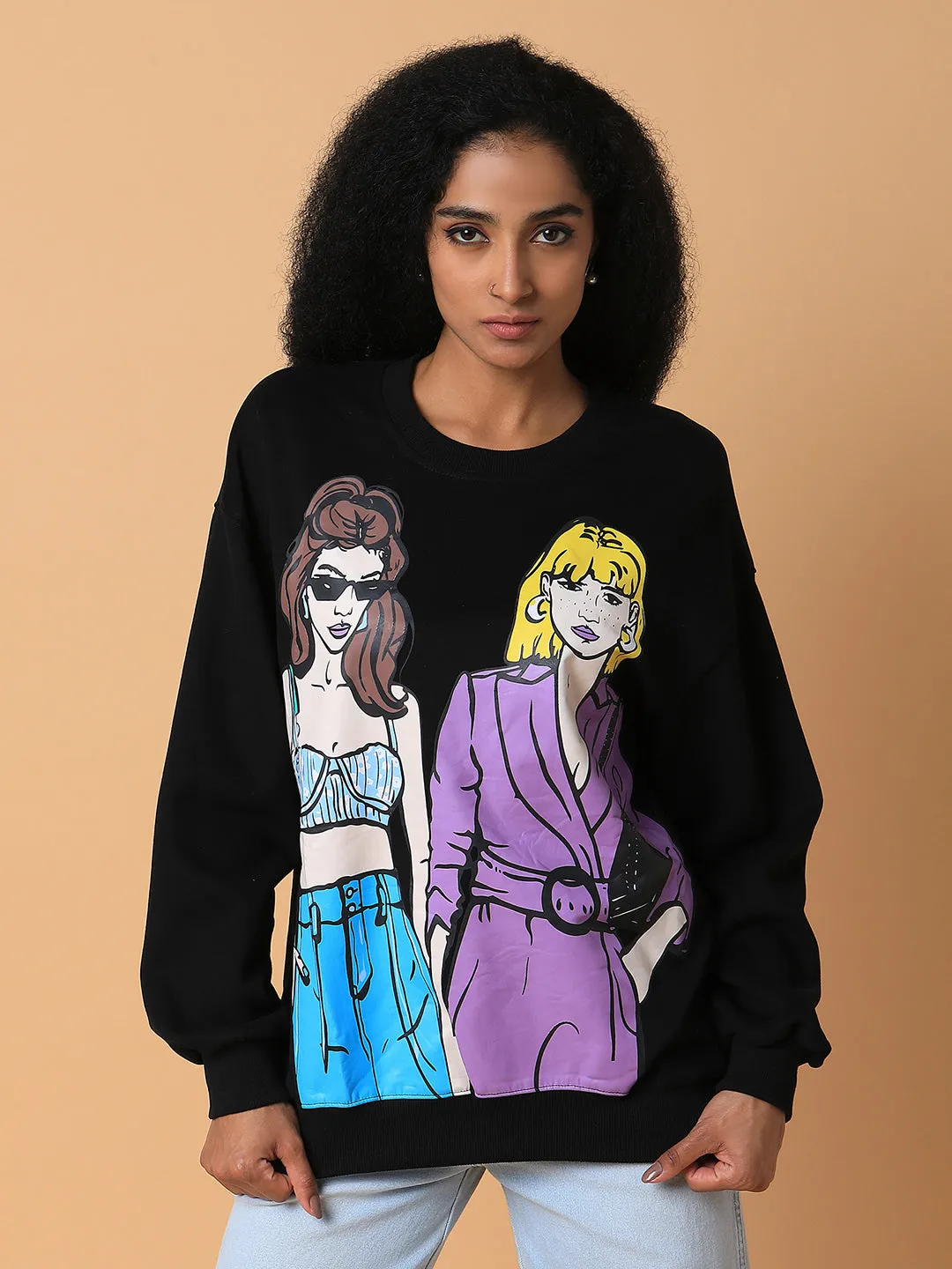 Women Graphic Black Oversized Pullover