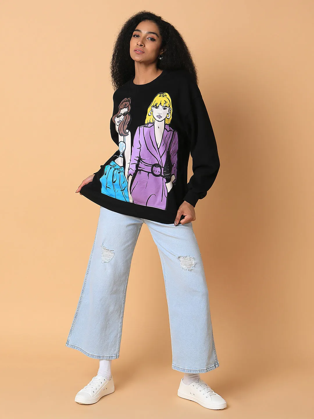 Women Graphic Black Oversized Pullover