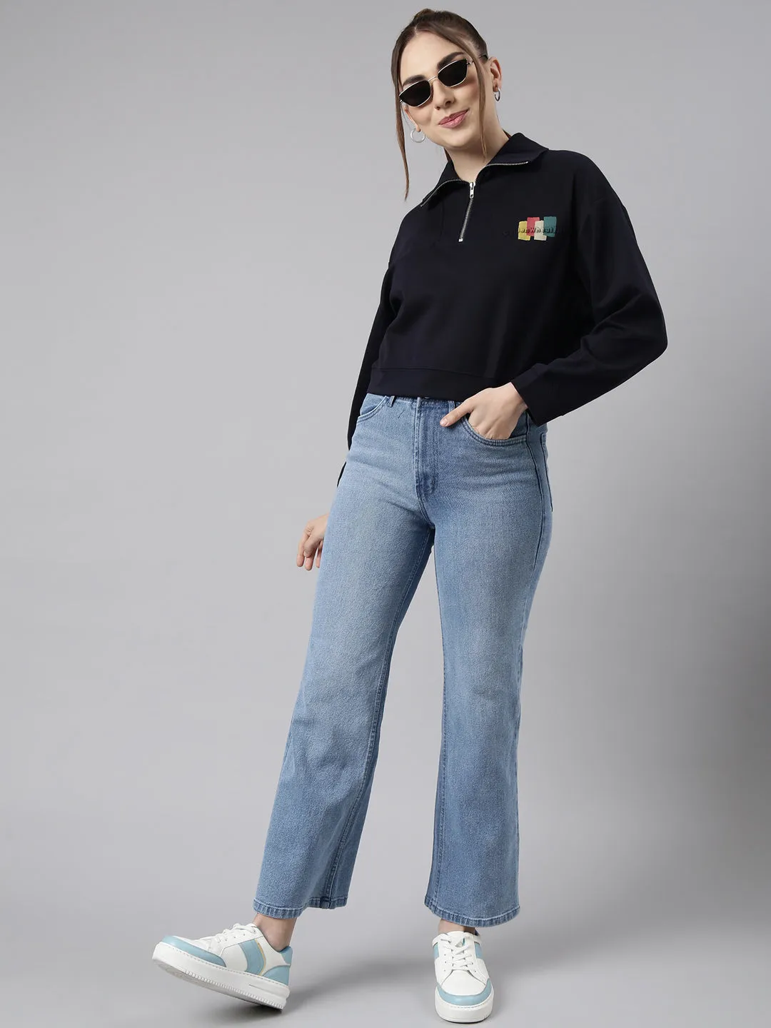 Women Navy Blue Solid Front-Open Oversized Crop Sweatshirt