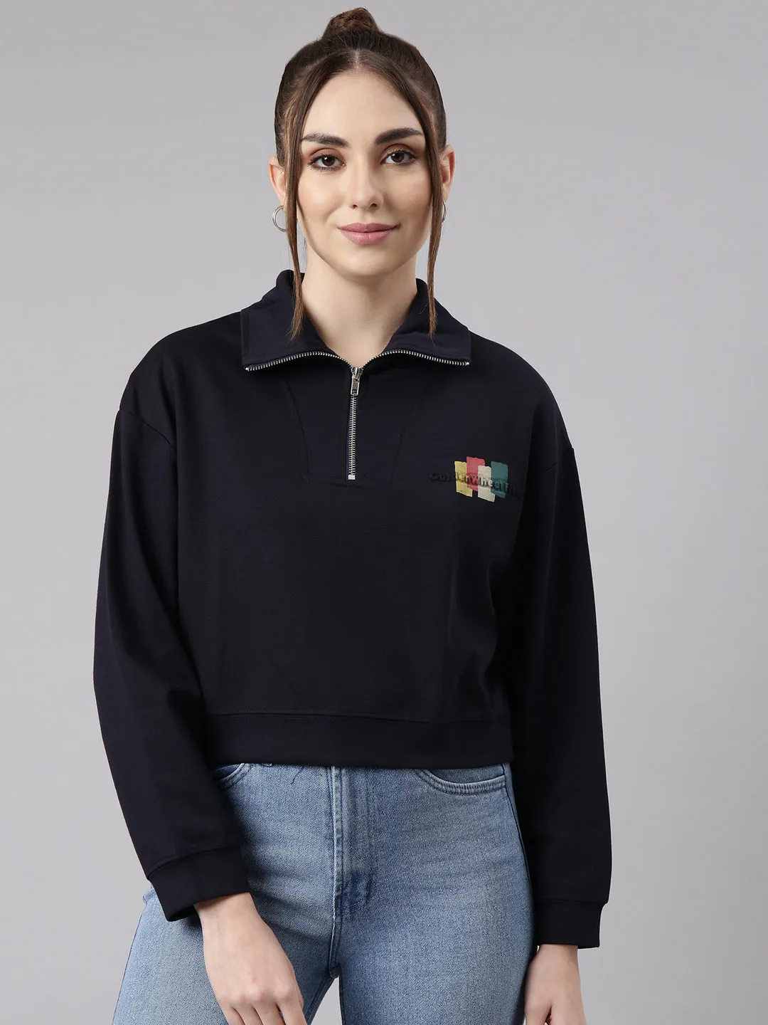 Women Navy Blue Solid Front-Open Oversized Crop Sweatshirt