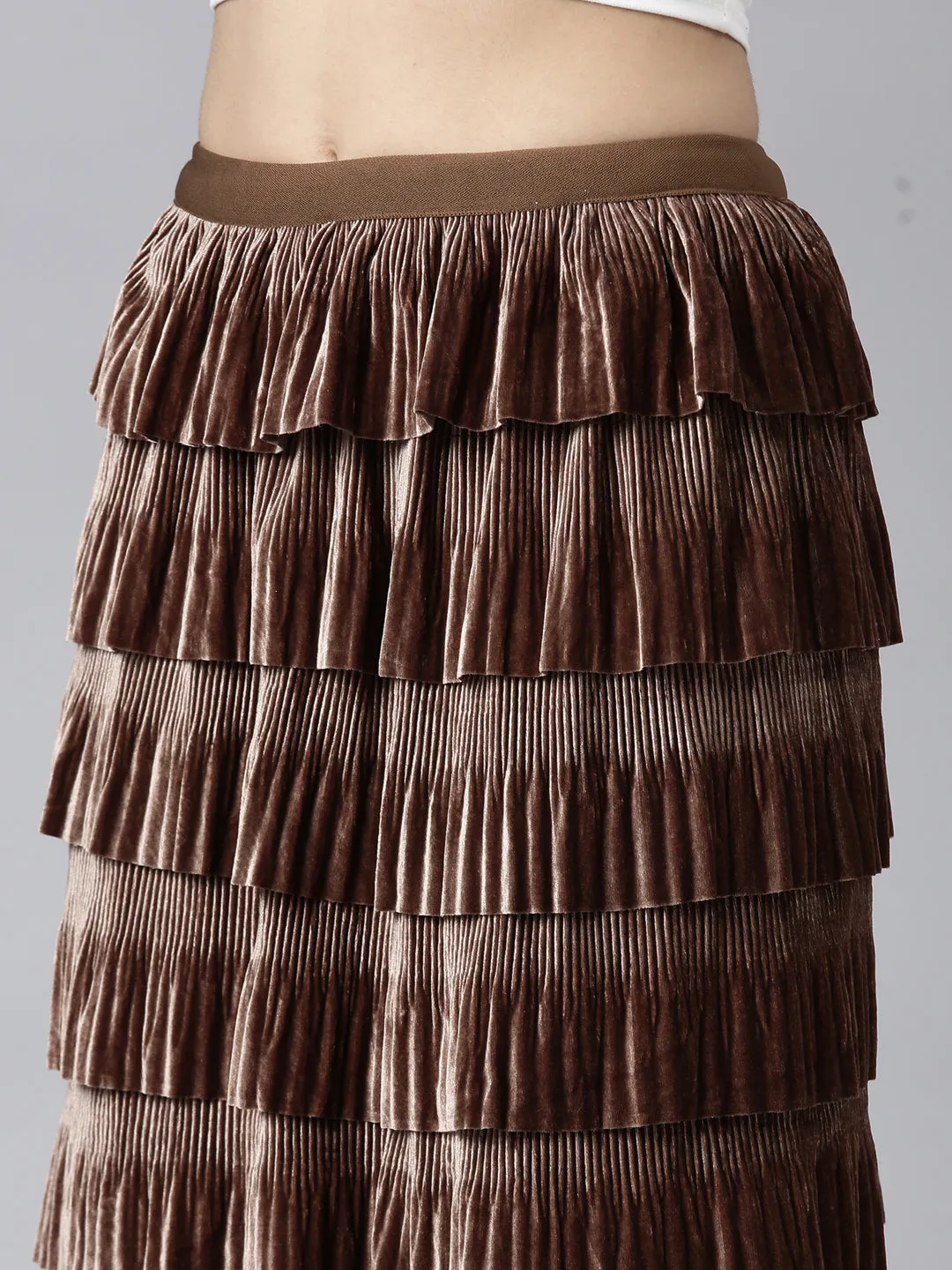 Women Self Design Brown Tiered Maxi Skirt