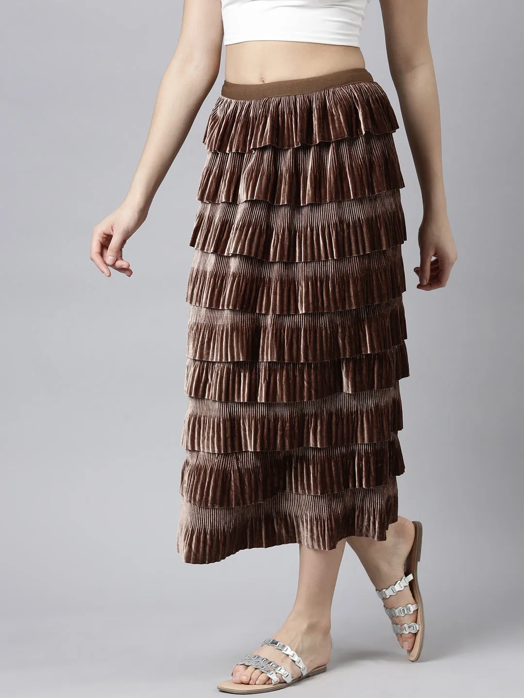 Women Self Design Brown Tiered Maxi Skirt