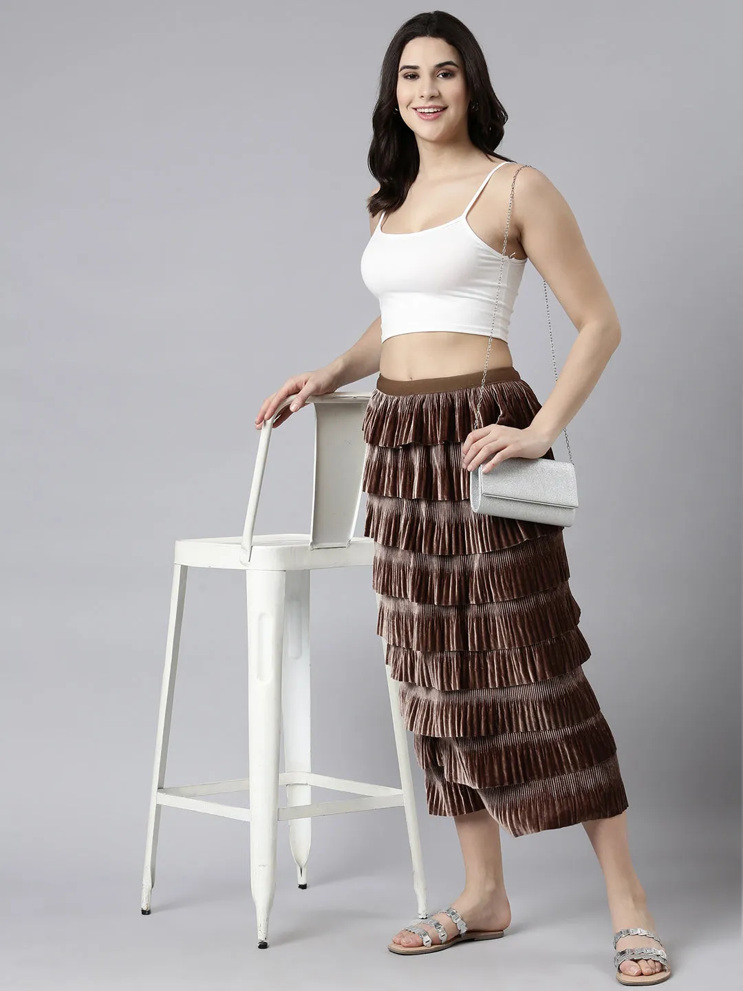 Women Self Design Brown Tiered Maxi Skirt