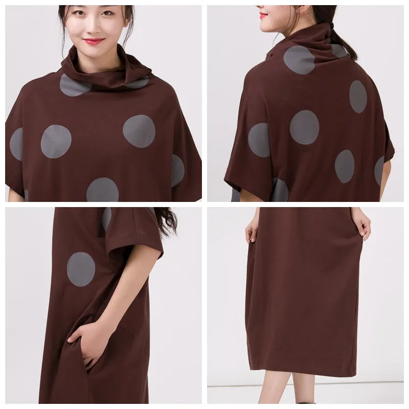 Women Turtleneck Polka Dots Casual Loose Dress